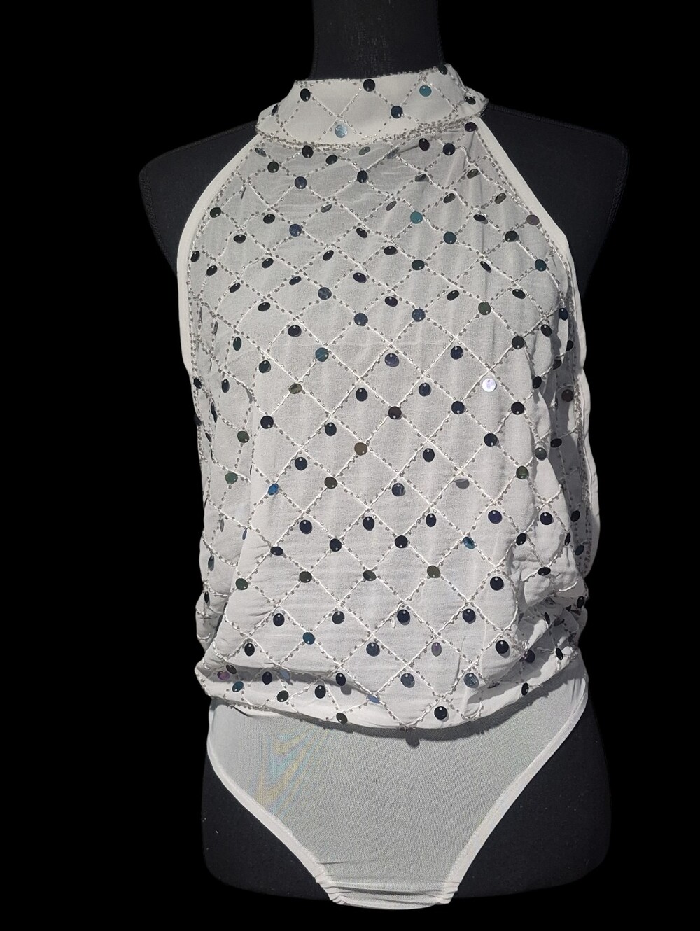 White Sequin Beaded Lattice Mock Neck Halter Bridal Prom Party Bodysuit Size Med